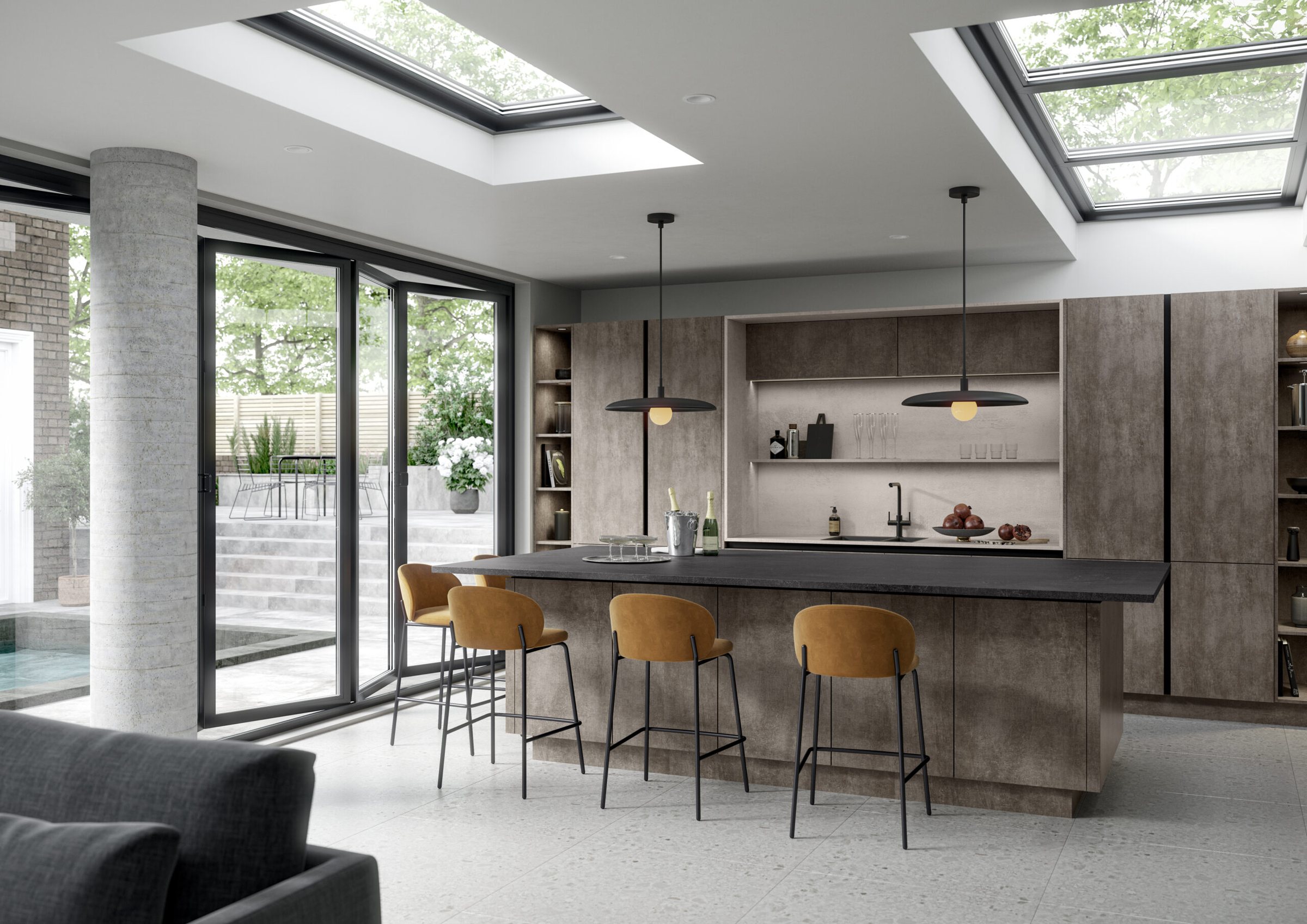 Handleless kitchen in textured anthracite
