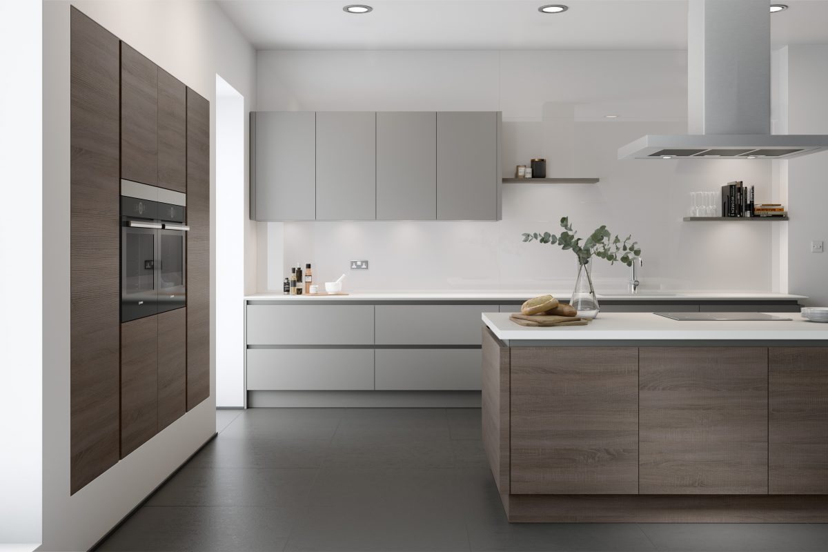Oak and dust grey kitchen in the showroom